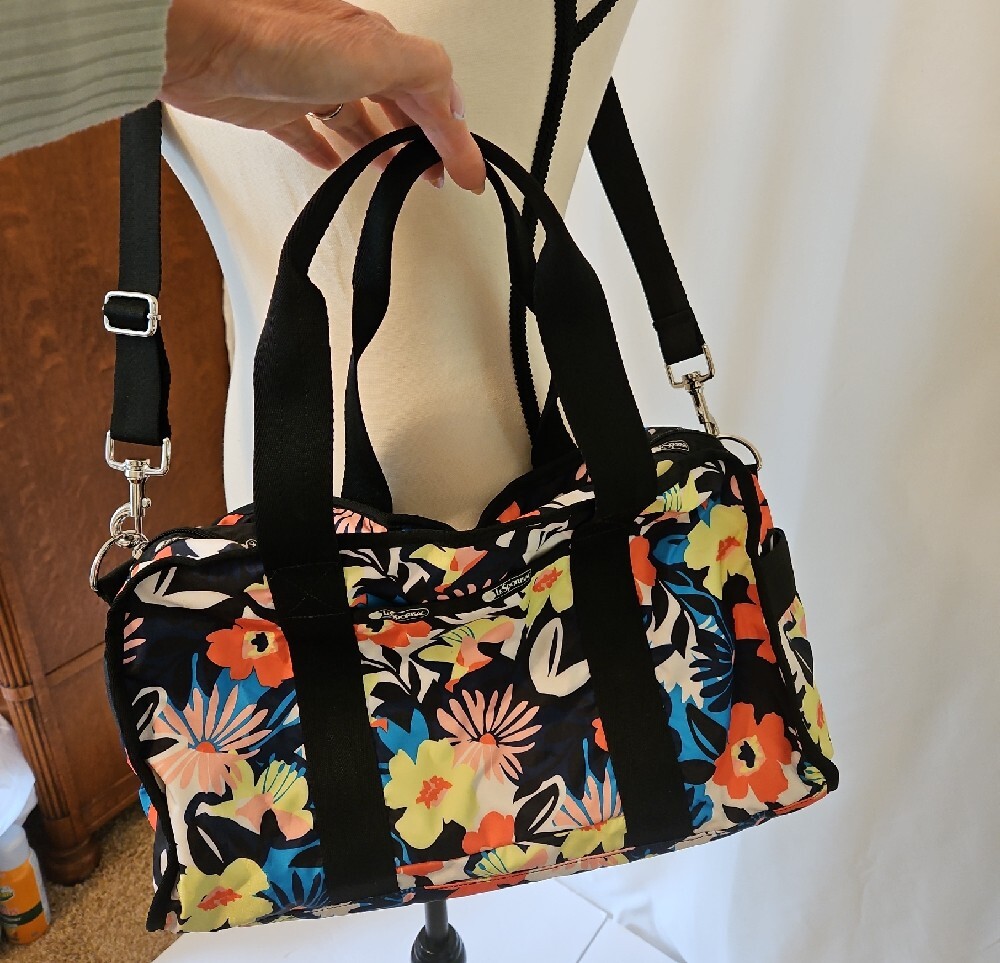Le Sport Sac Black Floral Canvas Travel Duffel Bag - Women's Weekender - Picture 4 of 14